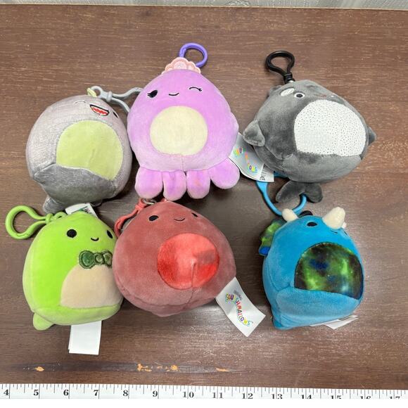Squishmallow Keychains (Lot of 6) Dinosaurs and Sea Creatures 3 inches Bag Clips - Picture 1 of 10